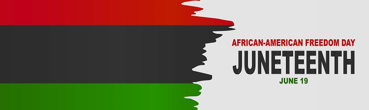 Juneteenth banner with red, black and green stripes on the left and African-American Freedom Day, Juneteenth, June 19 on the right